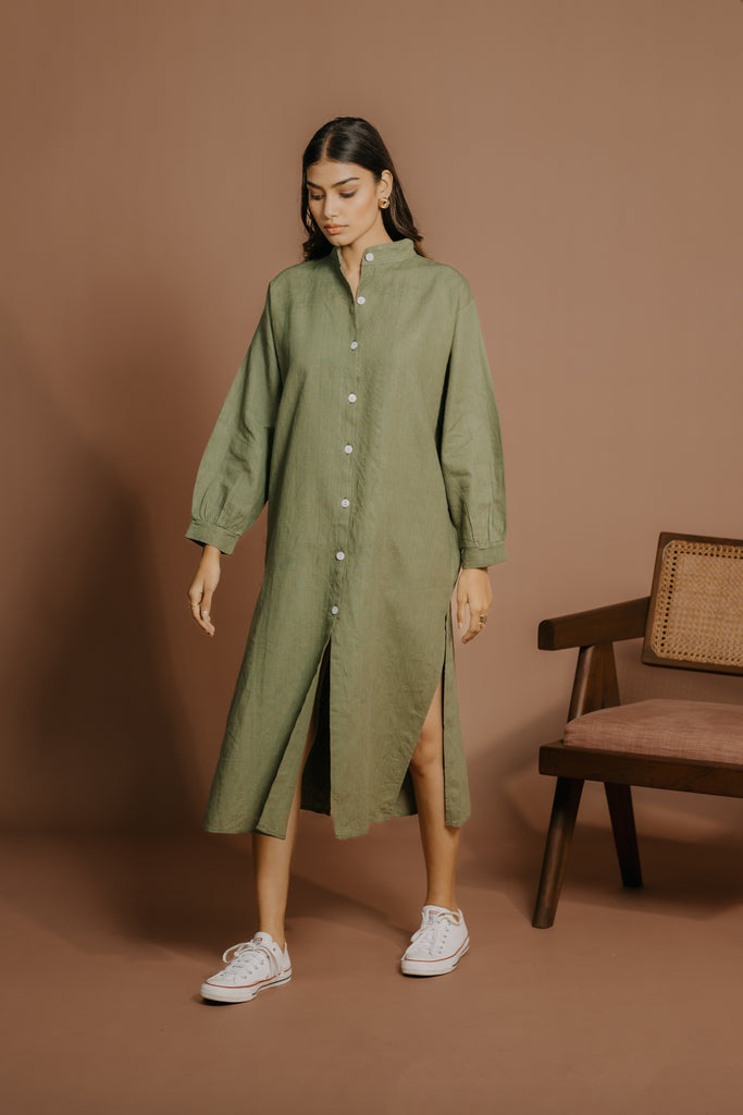 OLIVE GREEN OVERSIZED LINEN BUTTONED DRESS
